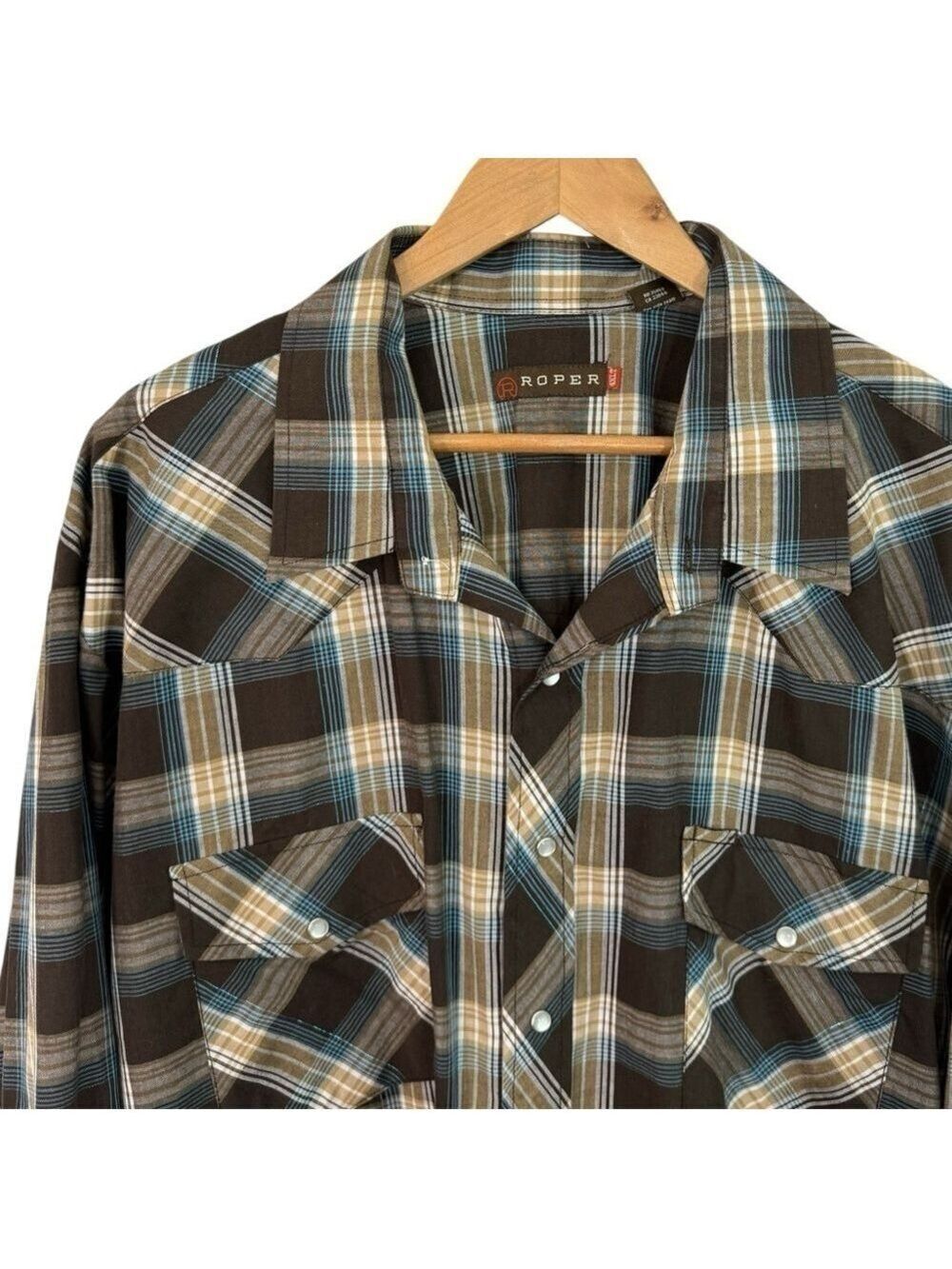 Roper Pearl Snap Plaid Shirt Mens 4XL Brown Blue Western Rodeo Cowboy EUC